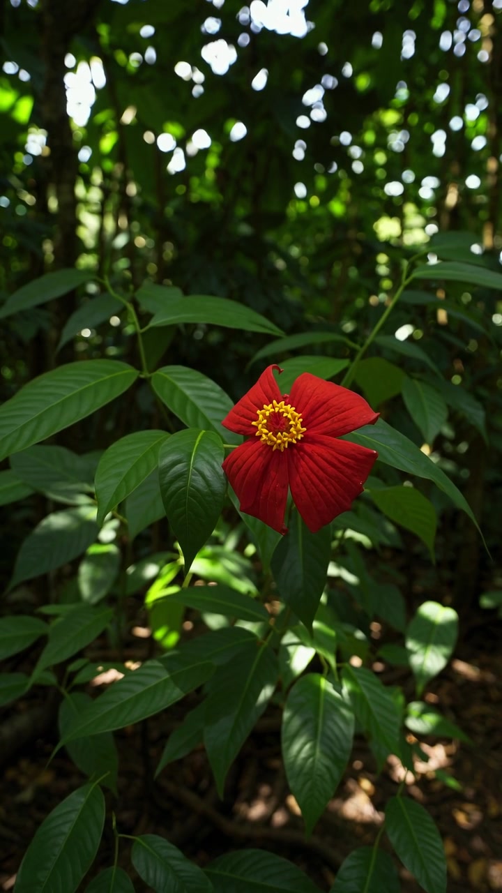 Fiore rosso vivace che sboccia in una lussureggiante foresta tropicale