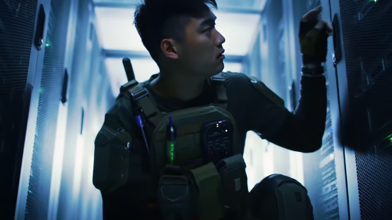 A Tech Soldier Engaged in Surveillance Operations Within a High-Security Data Center, Illustrated in Two Distinct Frames Capturing Tension and Focus