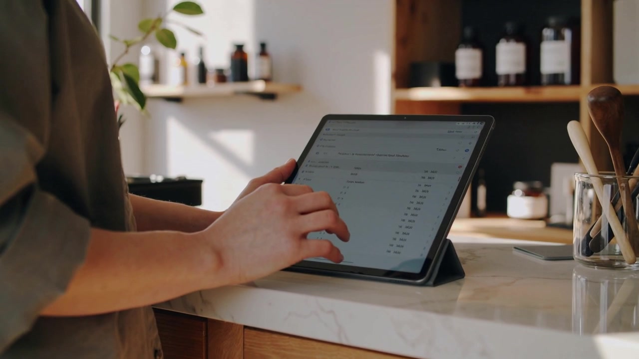 Seeing list on tablet, person with rolled sleeves swiping and tapping at kitchen counter, selecting