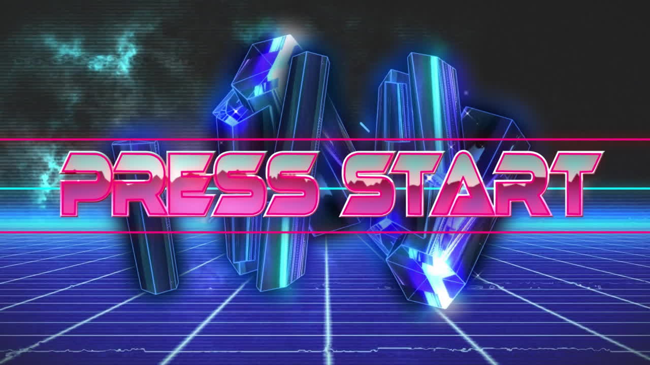 Press Start text animation over retro futuristic grid and neon shapes