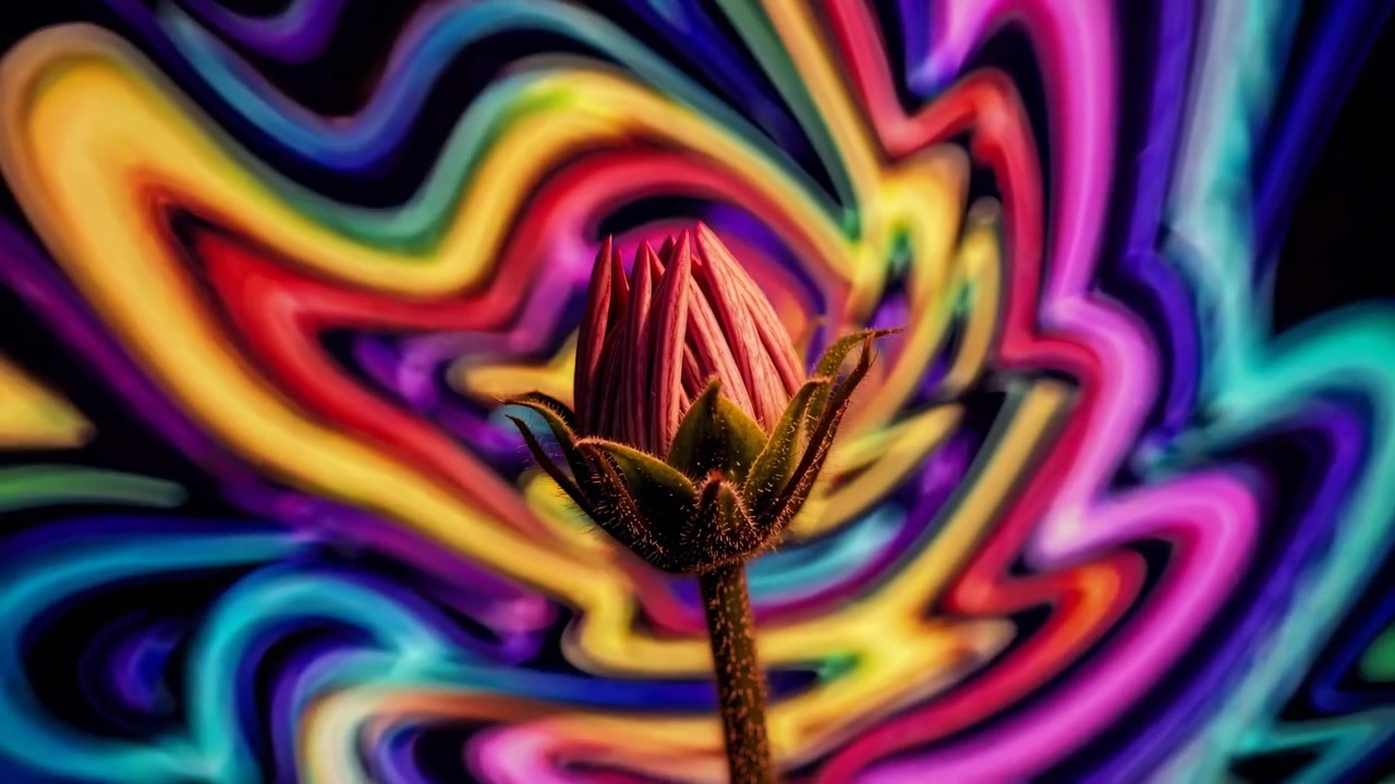 Bocciolo di fiore rosa su uno sfondo psichedelico vibrante e vorticoso