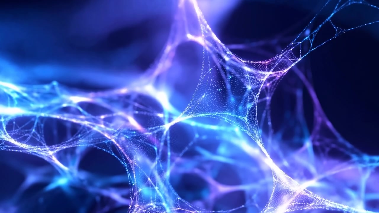 Close view of neon blue and purple light strands weaving across dark backdrop, with glowing particles, soft gradients, and luminous motion creating vivid futuristic energy and depth