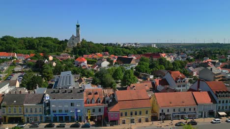 Aerial-View-Of-The-City-And-Parish-Church-In-Mistelbach,-Lower-Austria