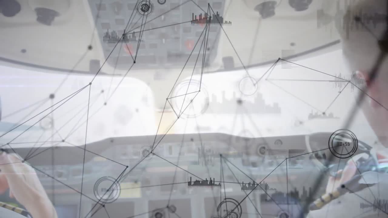 비행기 조종실에서 볼 수 있는 글로벌 연결 네트워크의 애니메이션