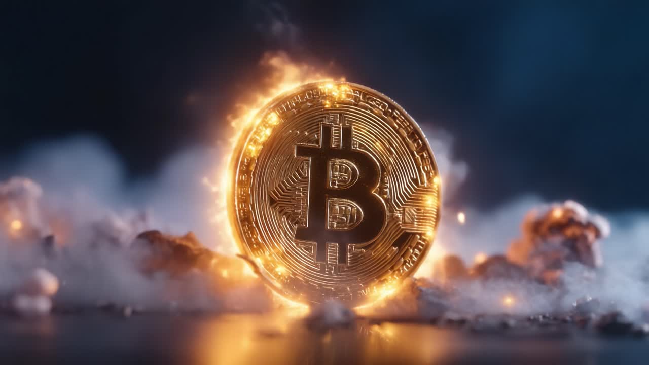 A Dazzling Bitcoin Coin Surrounded by Fiery Sparks and Smoke in a Captivating Digital Representation of Cryptocurrency Worth and Innovation