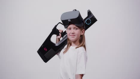 girl playing vr game with gun controller