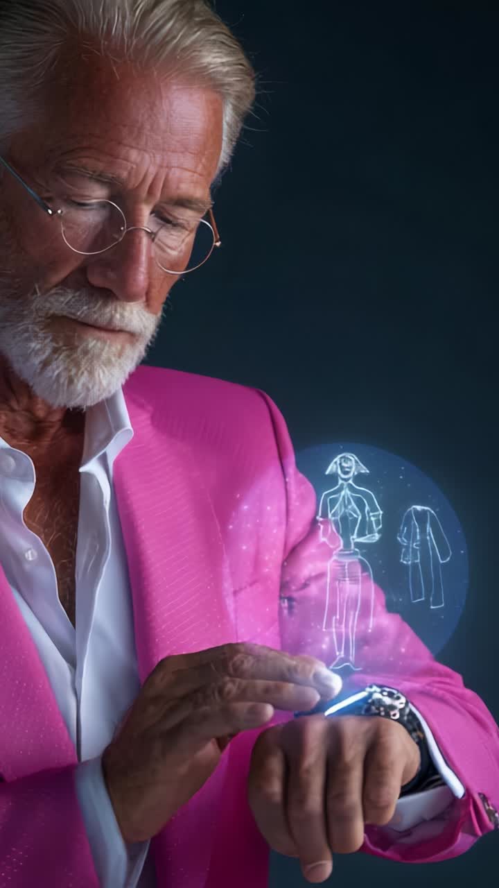 Un uomo elegante di una certa età con un abito rosa interagisce con uno smartwatch futuristico che mostra design di moda e concetti di abbigliamento virtuale