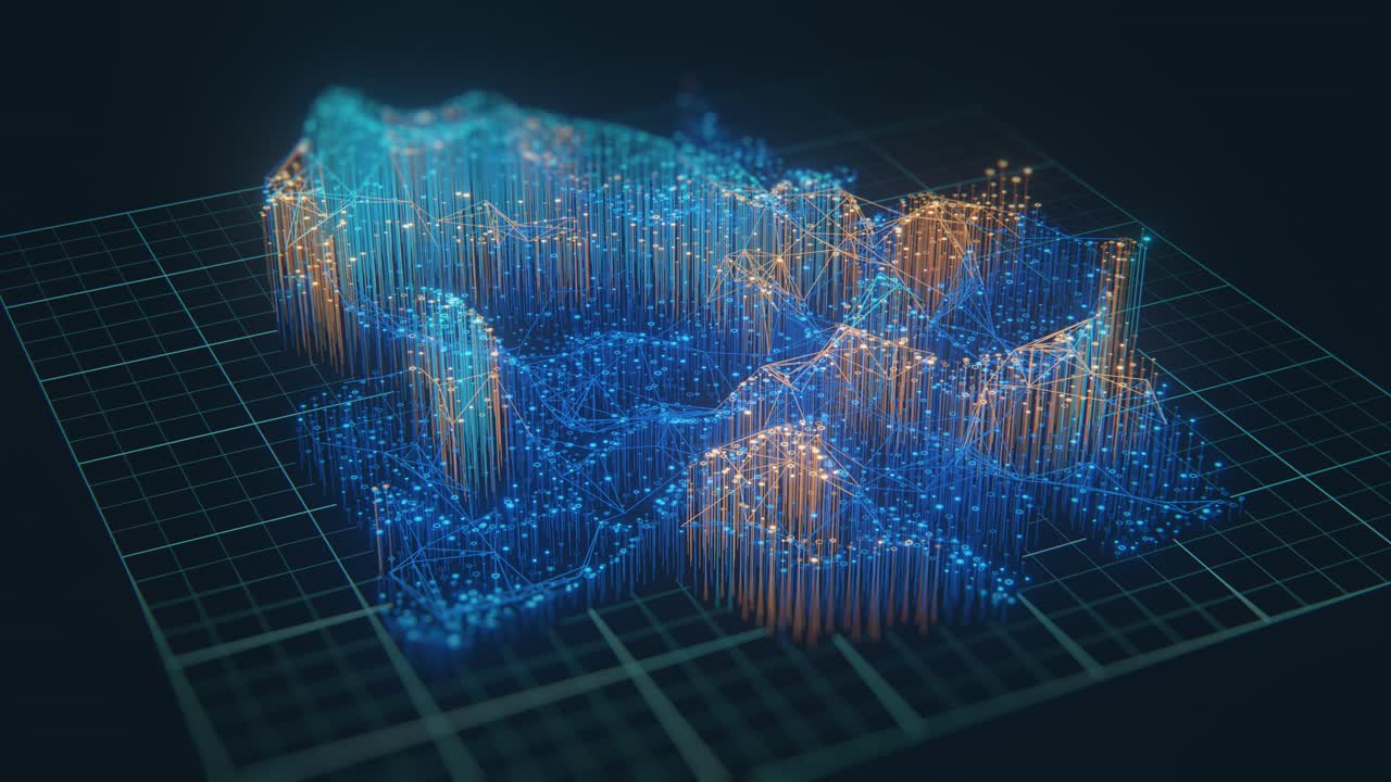 Abstract 3D big data visualization with glowing blue network mesh and orange data bar chart rising from digital grid. Futuristic analytics, business intelligence, and data science technology concept on dark background