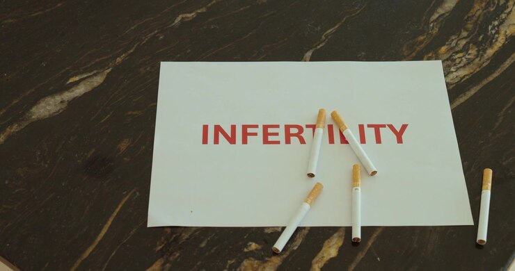 Hand placing cigarettes on infertility text, showing the connection between smoking and reproductive health risks.