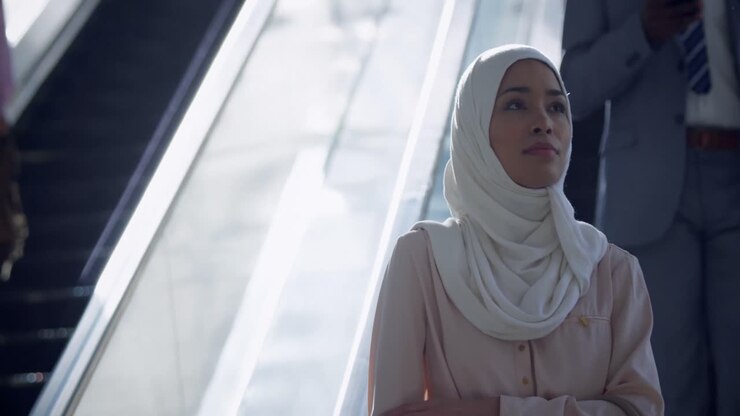Businesswoman in hijab using escalator in a modern office 4k