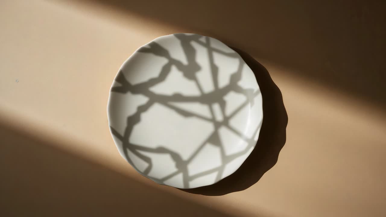 Shifting sunlight casting branching shadow across white plate on beige table, altering contrast