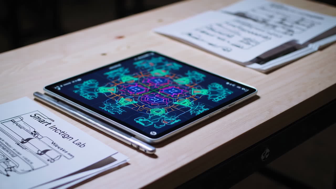 Tablet Displaying Digital Art on a Wooden Table with Papers and a Stylus