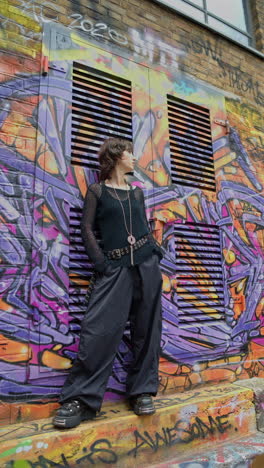 Vertical-Video-Outdoor-Fashion-Portrait-Of-Young-Alternative-Style-Woman-Leaning-Against-Graffitti-Covered-Wall-In-London-City-Street-UK-In-Real-Time