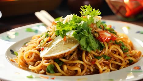 six images showing a delicious plate of asian noodles topped with meat, vegetables, and a sliced egg. wooden chopsticks are beside the plate