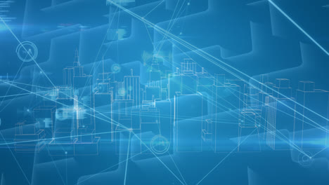 Animation-of-network-of-connections-over-digital-city-on-blue-background