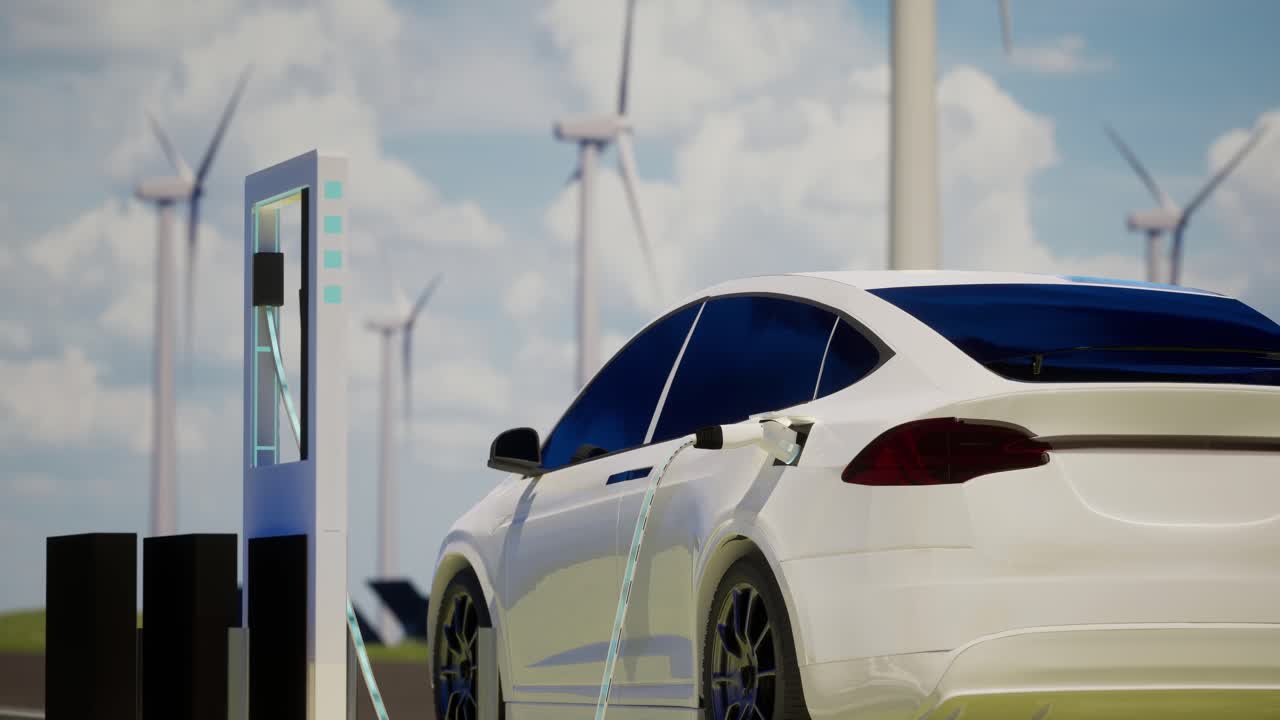 экологически чистая зарядка электромобиля на фоне ветряных турбин. ясный голубой фон станции ev с портом, подключенным к автомобилю, реалистичная 3d-рендеринг, концепция альтернативной энергии
