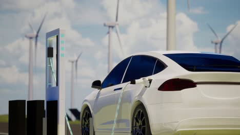 carga de automóviles eléctricos respetuosos con el medio ambiente en el fondo de turbinas eólicas. fondo de cielo azul claro de la estación de ev con puerto conectado en el coche, renderización 3d realista, concepto de energía alternativa