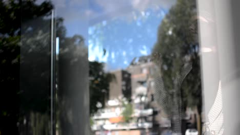 beautiful girl watching herself and doing her hair in the reflection in glass.