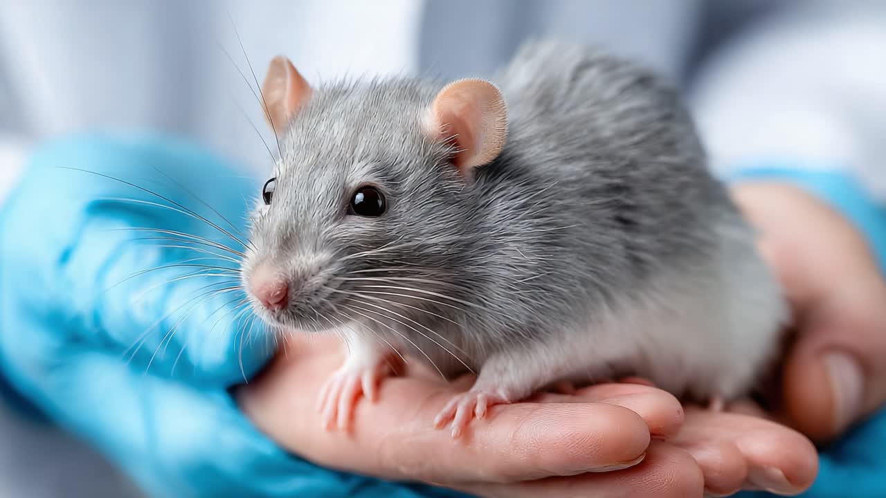 A Detailed Look at a Grey Rat Being Gently Held in a Hand, Showcasing its Features and the Care Taken for Small Animals in a Laboratory or Pet Setting
