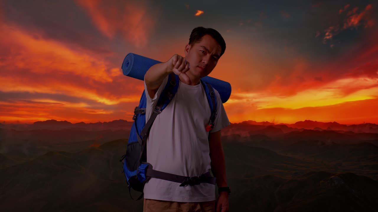 해가 지는 동안 실망한 여행자