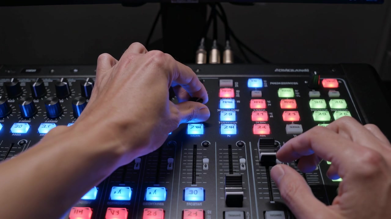 Hands entering from top adjusting knobs and faders on mixing console in control room, mixing audio