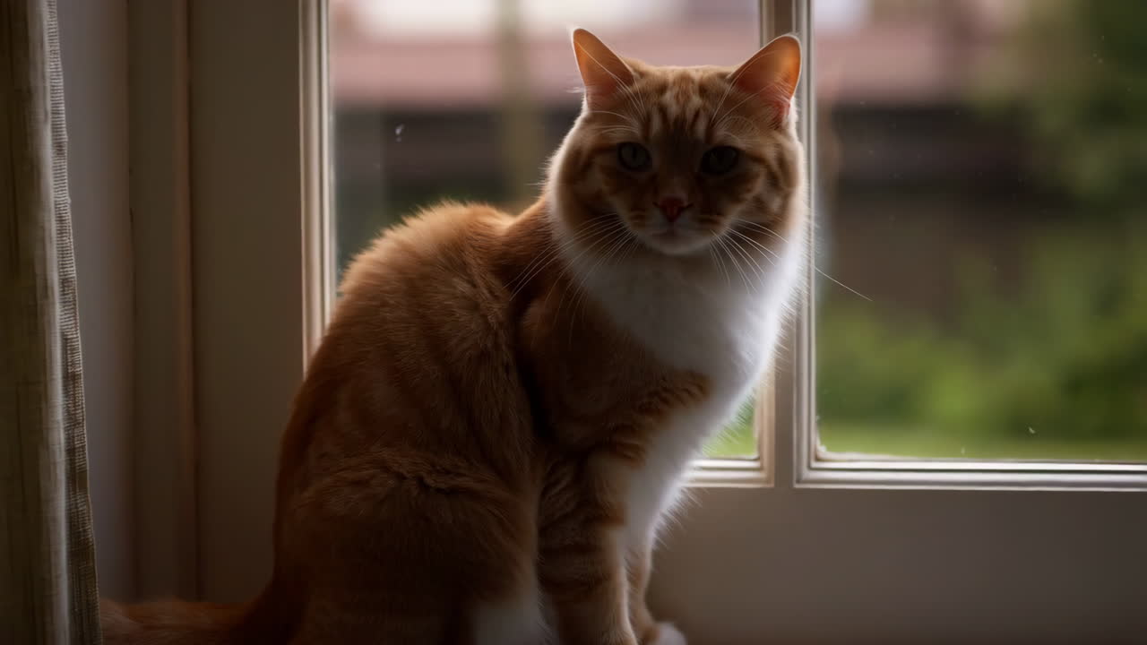 Ginger cat sitting by the window