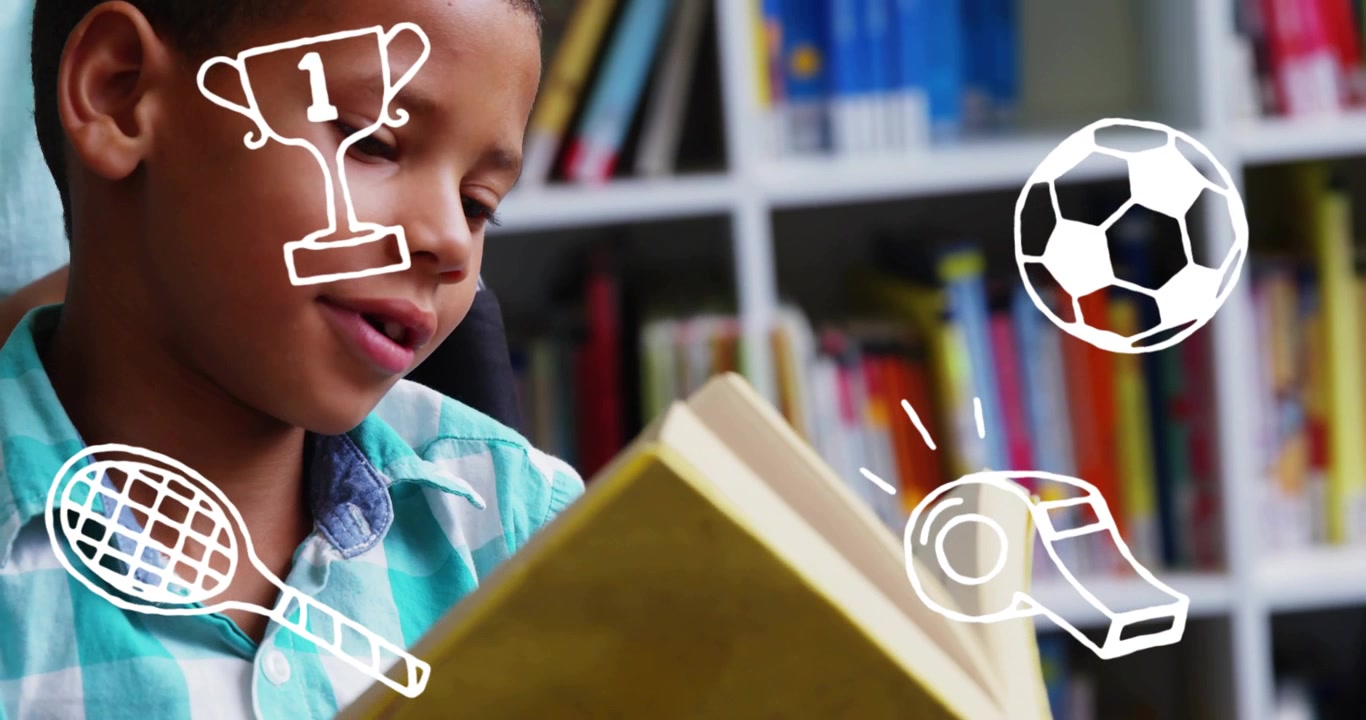 Menino abrindo um livro de bolso amarelo, folheando as páginas e lendo, com rabiscos brancos relacionados à escola aparecendo.