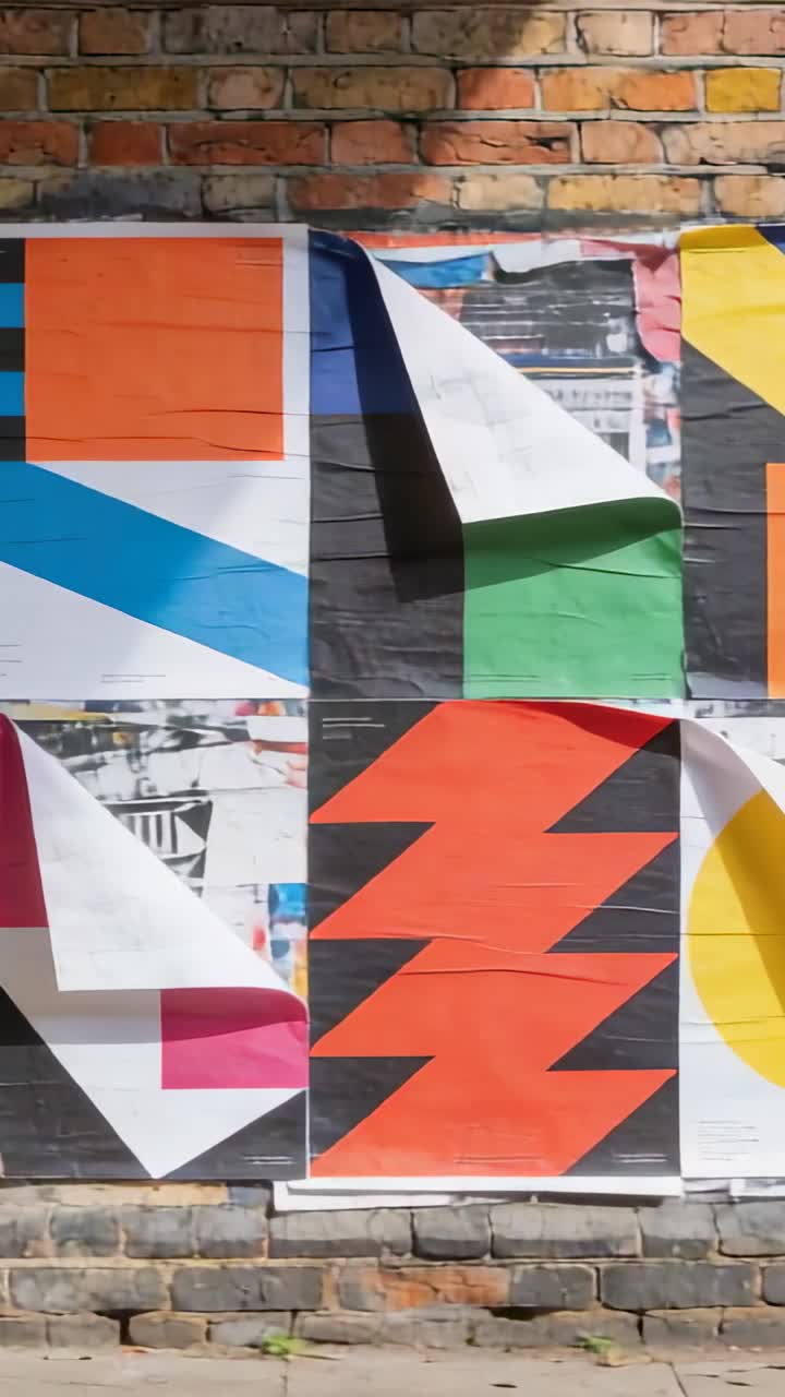 Video verticale: Telecamera panoramica che rivela poster su una parete di mattoni, mostrando angoli arricciati e ombre.