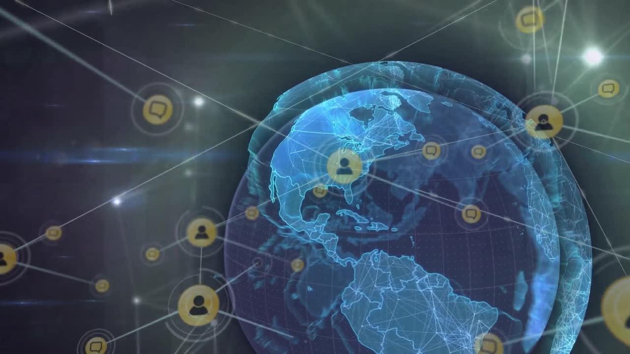 검은색 배경에 전 세계에 빛나는 연결 네트워크와 디지털 아이콘의 애니메이션