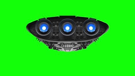 alien spaceship on green screen. bright engines flashing, 3d animation.