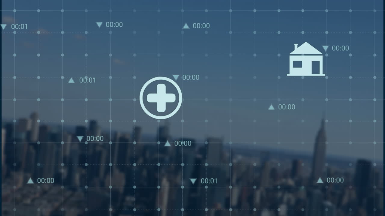 도시 풍경 위의 데이터 처리와 함께 아이콘의 애니메이션