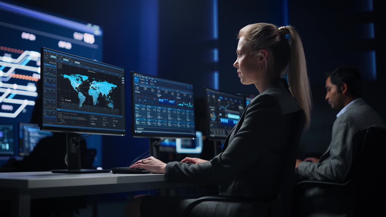 уверенная в себе женщина-ученый работает на персональном компьютере в большой комнате управления инфраструктурой. команда специалистов по фондовому рынку использует компьютеры, показывающие глобальную карту, графики, диаграммы, информацию