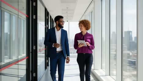 a casual business meeting in a modern office setting: two colleagues engaged in conversation while walking along a sunlit corridor with large windows