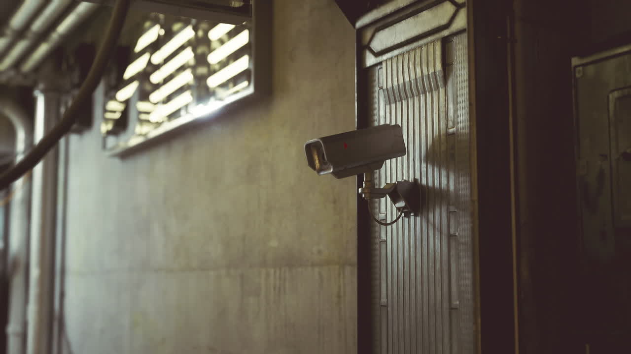 Corridoio industriale buio monitorato da dispositivi di sicurezza e illuminazione tenue.