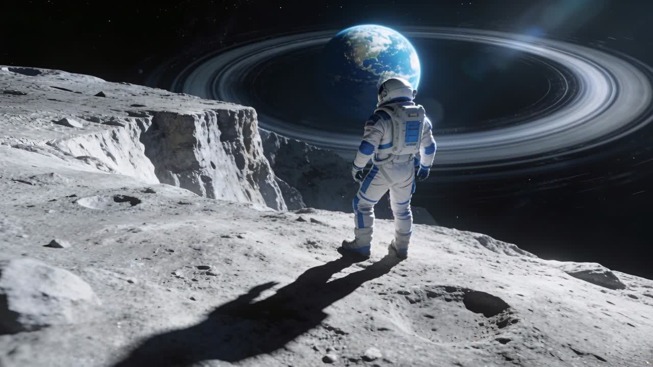 Astronaut justerer og vipper visiret ved kanten, aktiverer HUD-ringe, der udvides for at overvåge planeten.