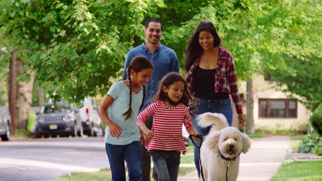 família caminhando cão ao longo de uma rua suburbana