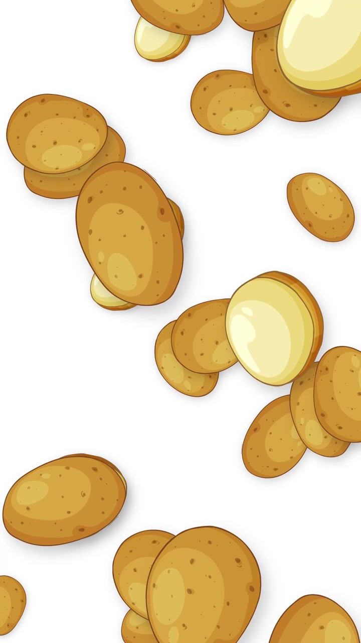 Whole and sliced raw potatoes fall vertically against a clean white background in 2D animation.