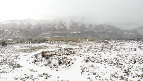 Winterscape-Snow-Covered-Field-And-Rocky-Mountains-Range-Near-Estes-Park,-Colorado-USA