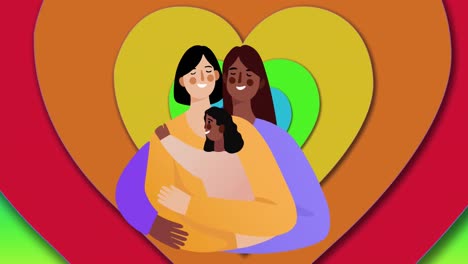 Animation-of-gay-female-couple-with-daughter-over-rainbow-heart-background