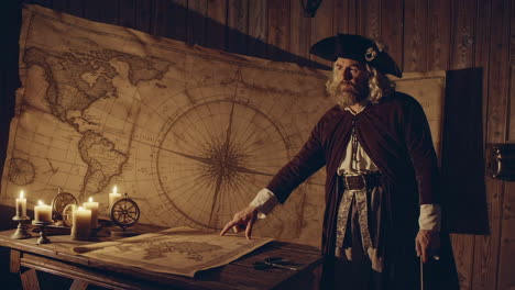pirate captain examining a map in his cabin