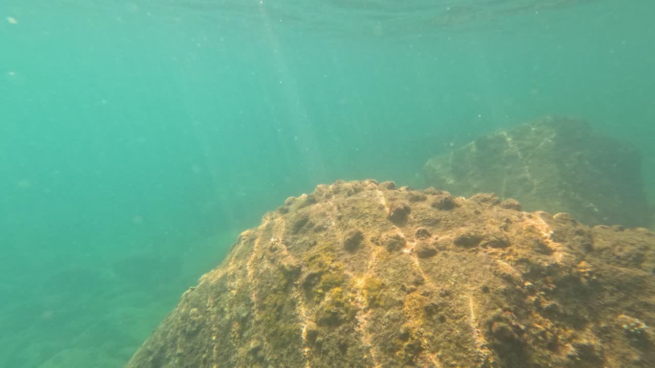 Barnacle-covered rocks beneath clear turquoise water, captured with gentle camera movement in natural lighting at a Phuket beach