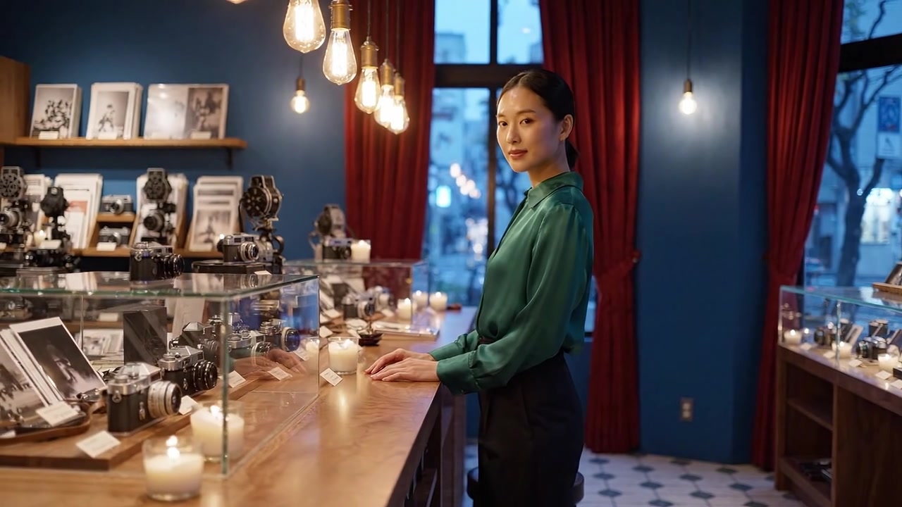 温かい光のブティックでヴィンテージカメラを鑑賞する女性：額入り写真とキャンドルが彩るスタイリッシュな現代的ディスプレイ