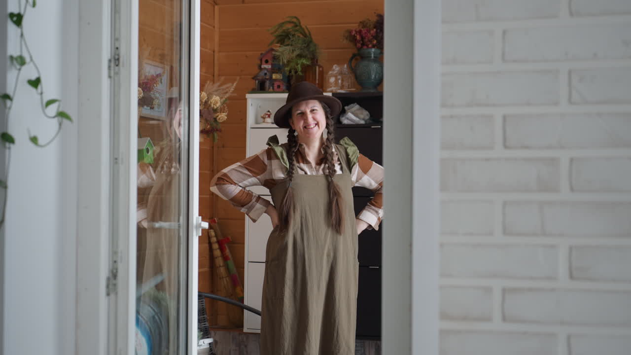 Woman standing facing window inside decorated wooden room smiles joyfully while fully dressed in long olive green gown and brown hat surrounded by potted plants reflecting warm natural light indoors