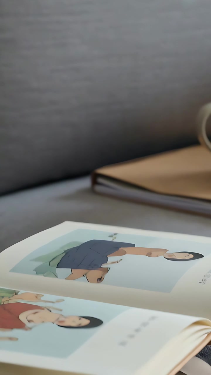 Video verticale: Donna asiatica che osserva, leggendo un libro illustrato su un cuscino del divano, con una tazza beige e spazio per il testo.