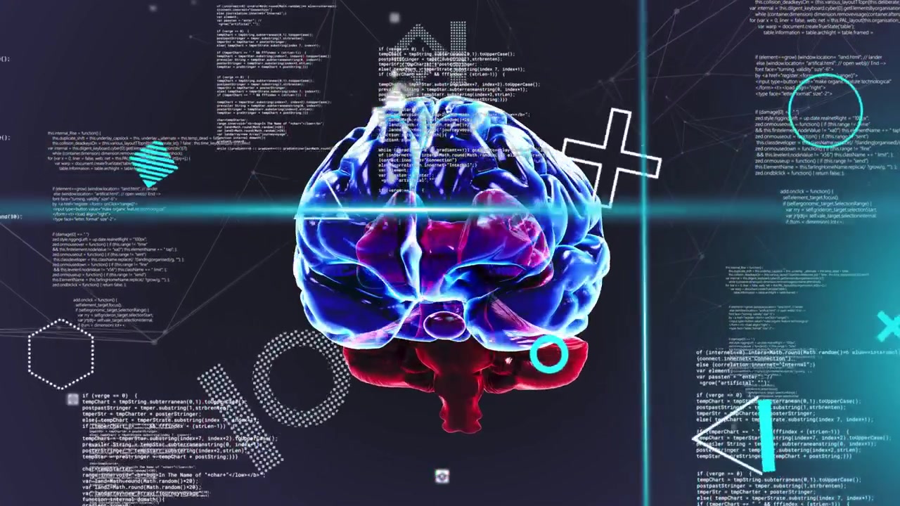 On load 3D brain appearing left center, rotating, scanning, pulsing while HUD code analyzing data