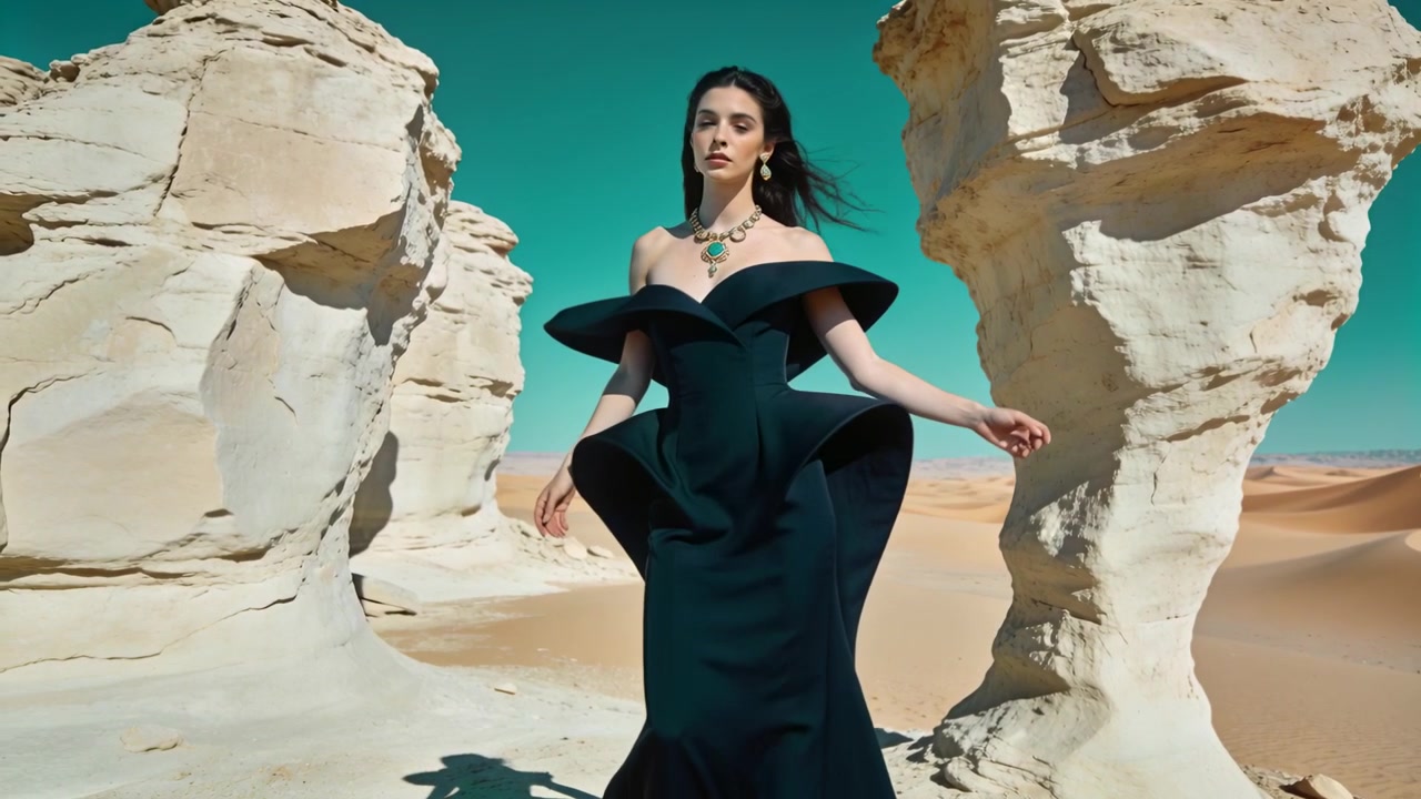 Rotating model showcasing black gown between rock pillars breeze moving hair showing necklace
