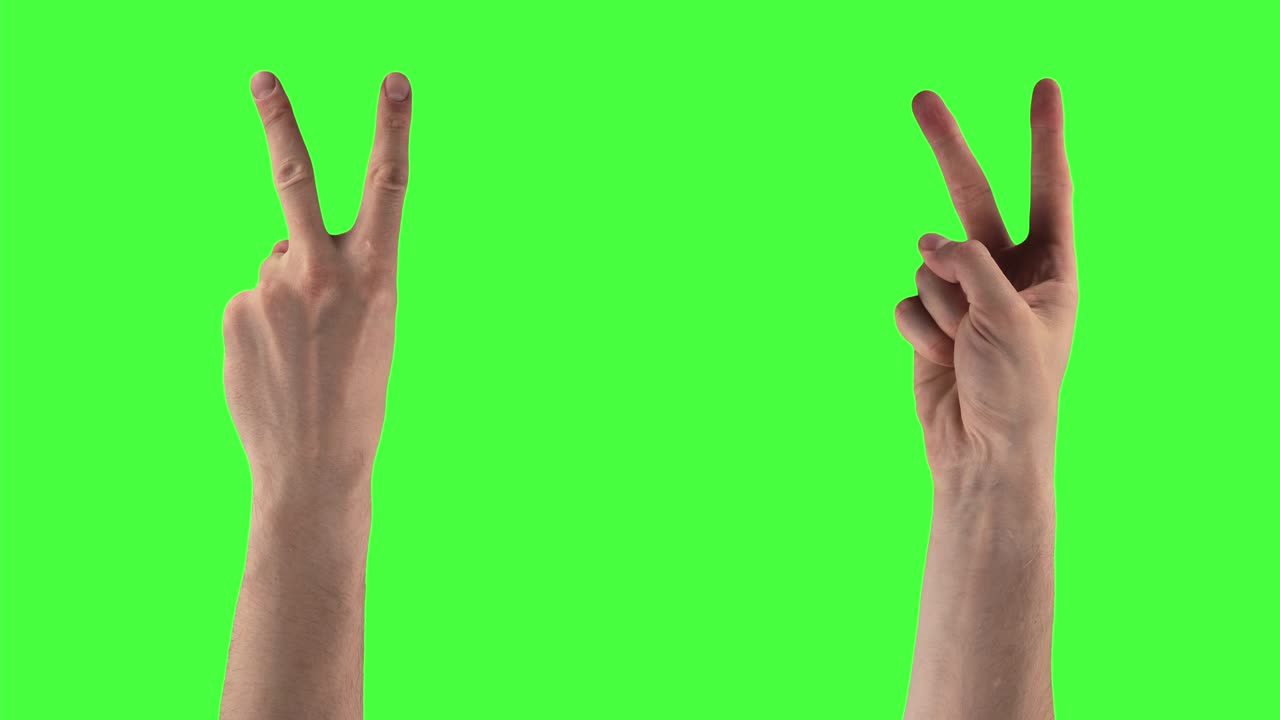 Package of 21 gestures of man hands showing different symbols on a chroma key background