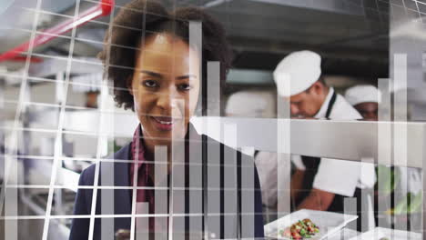 animation of financial data processing over african american businessman in restaurant