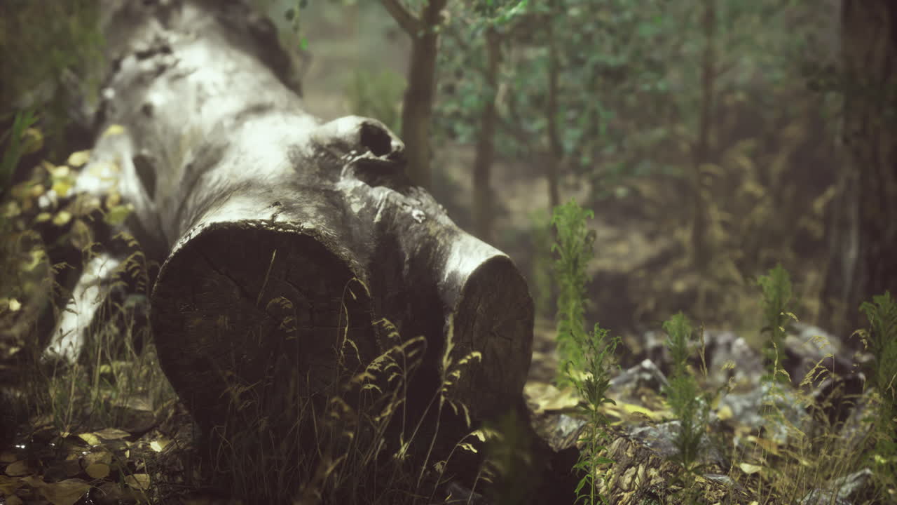 paisaje de bosque rústico con un tronco caído en medio de vegetación exuberante
