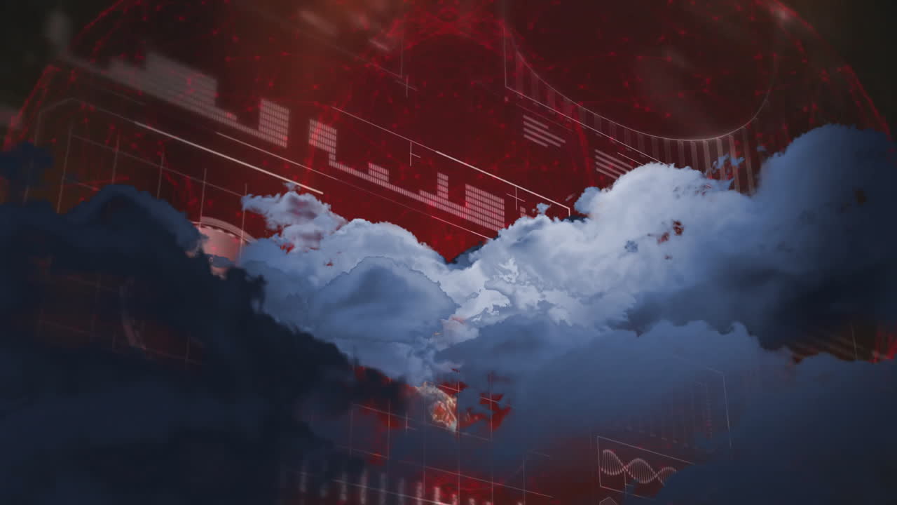 Animation of clouds moving over digital interface with graphs in school setting
